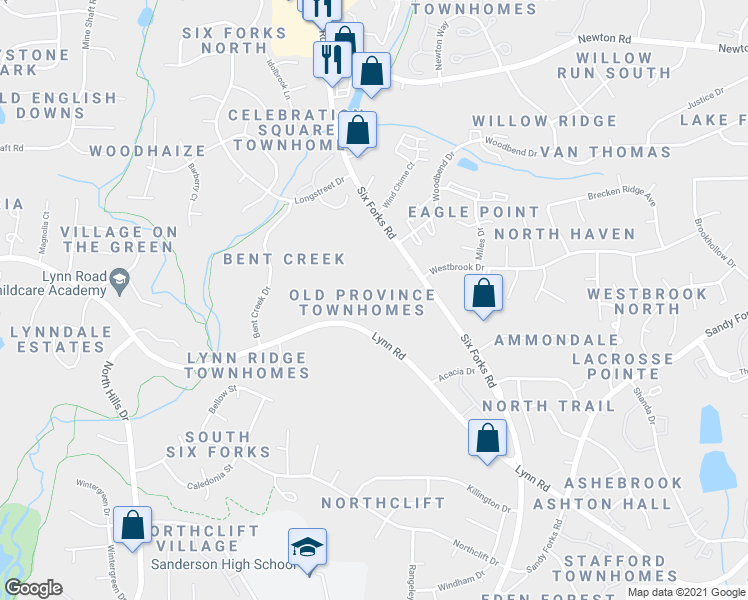 map of restaurants, bars, coffee shops, grocery stores, and more near 6737 Six Forks Road in Raleigh