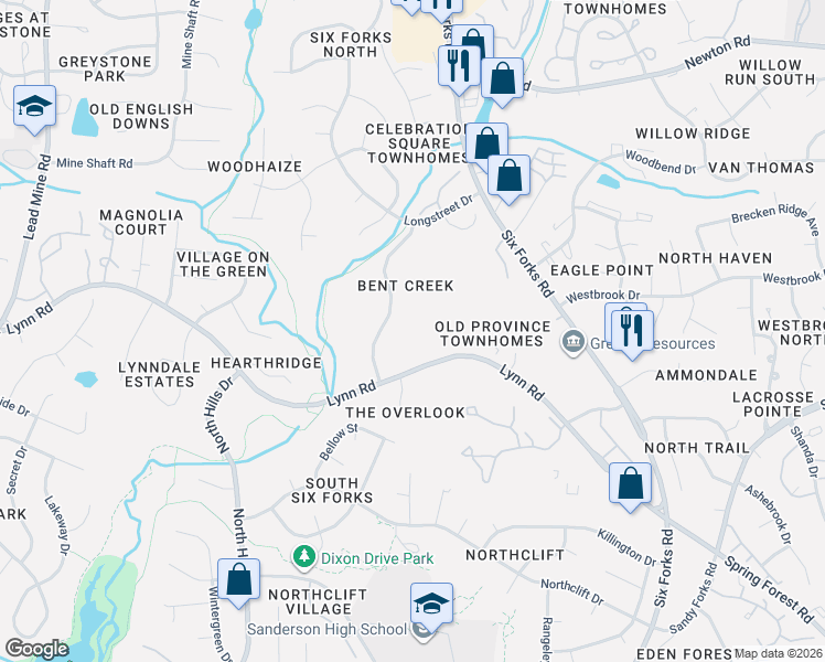 map of restaurants, bars, coffee shops, grocery stores, and more near 6512 Hearthstone Drive in Raleigh