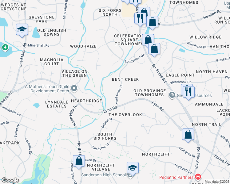 map of restaurants, bars, coffee shops, grocery stores, and more near 6540 English Oaks Drive in Raleigh