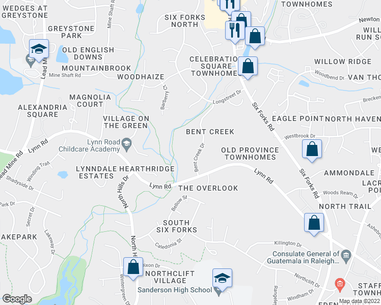 map of restaurants, bars, coffee shops, grocery stores, and more near 6540 English Oaks Drive in Raleigh