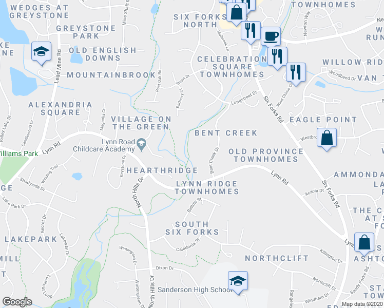 map of restaurants, bars, coffee shops, grocery stores, and more near 6543 English Oaks Drive in Raleigh