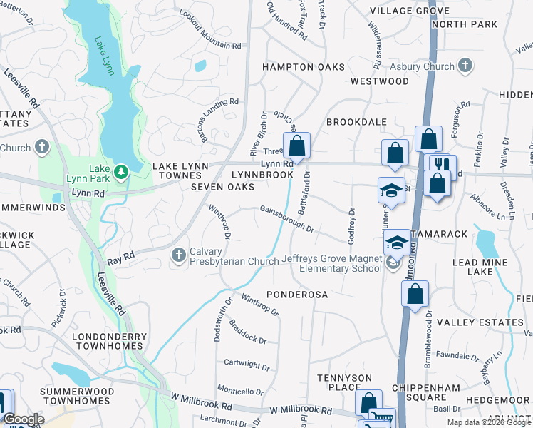 map of restaurants, bars, coffee shops, grocery stores, and more near 6312 Gainsborough Drive in Raleigh