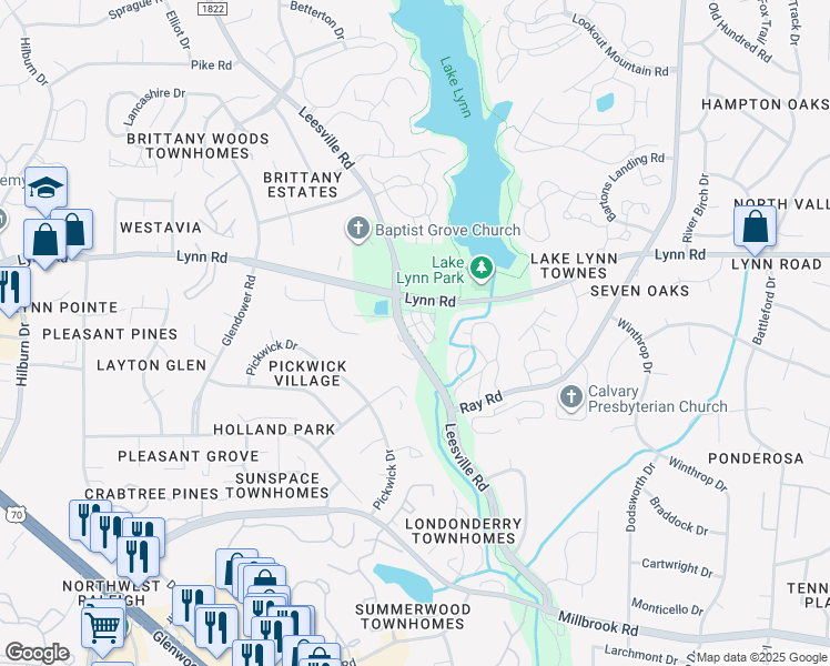 map of restaurants, bars, coffee shops, grocery stores, and more near 6925 Leesville Road in Raleigh