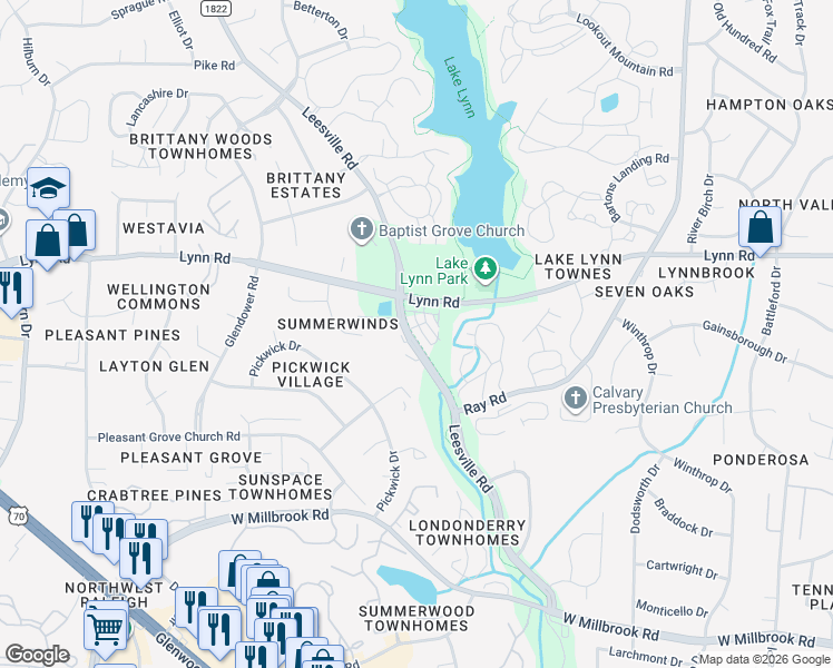 map of restaurants, bars, coffee shops, grocery stores, and more near 6925 Leesville Road in Raleigh
