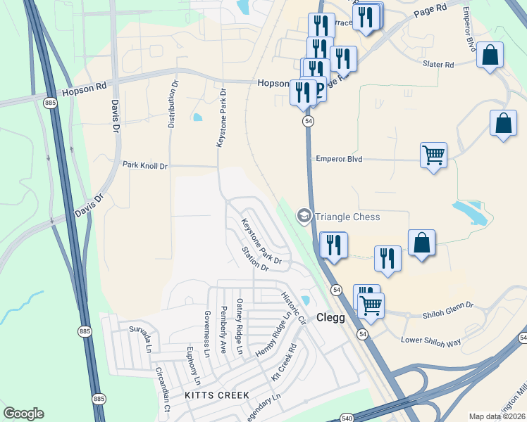 map of restaurants, bars, coffee shops, grocery stores, and more near 705 Keystone Park Drive in Morrisville