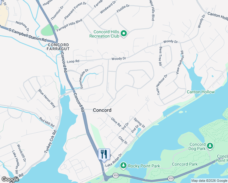 map of restaurants, bars, coffee shops, grocery stores, and more near 11228 Concord Woods Drive in Knoxville
