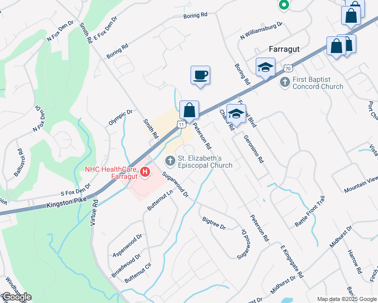 map of restaurants, bars, coffee shops, grocery stores, and more near 11408 Municipal Center Drive in Knoxville