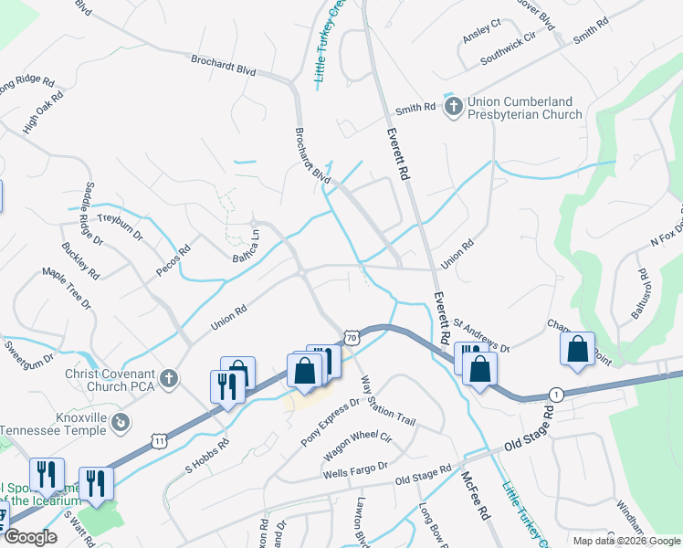 map of restaurants, bars, coffee shops, grocery stores, and more near 205 Brochardt Boulevard in Knoxville