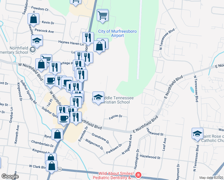 map of restaurants, bars, coffee shops, grocery stores, and more near 202 MTCS Road in Murfreesboro