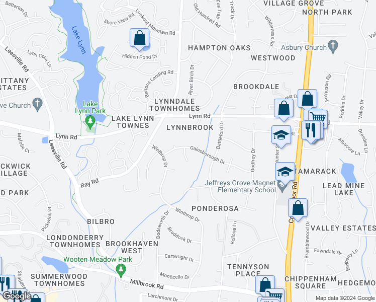 map of restaurants, bars, coffee shops, grocery stores, and more near 6325 Gainsborough Drive in Raleigh