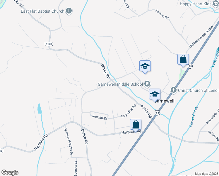 map of restaurants, bars, coffee shops, grocery stores, and more near 4966 Calico Road in Lenoir
