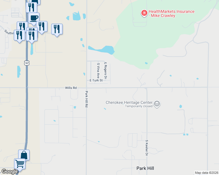map of restaurants, bars, coffee shops, grocery stores, and more near 19190 East Willis Road in Tahlequah