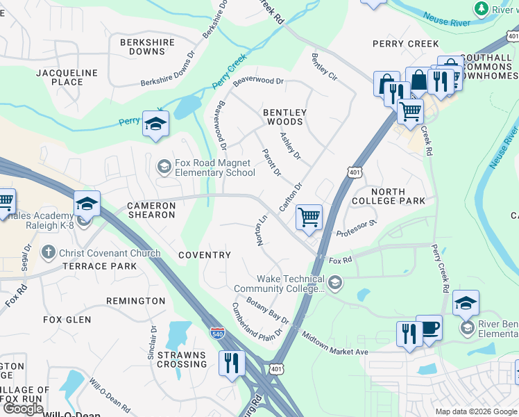 map of restaurants, bars, coffee shops, grocery stores, and more near 7404 Fox Road in Raleigh