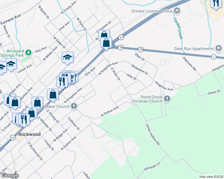 map of restaurants, bars, coffee shops, grocery stores, and more near 713 Cooper Avenue in Rockwood