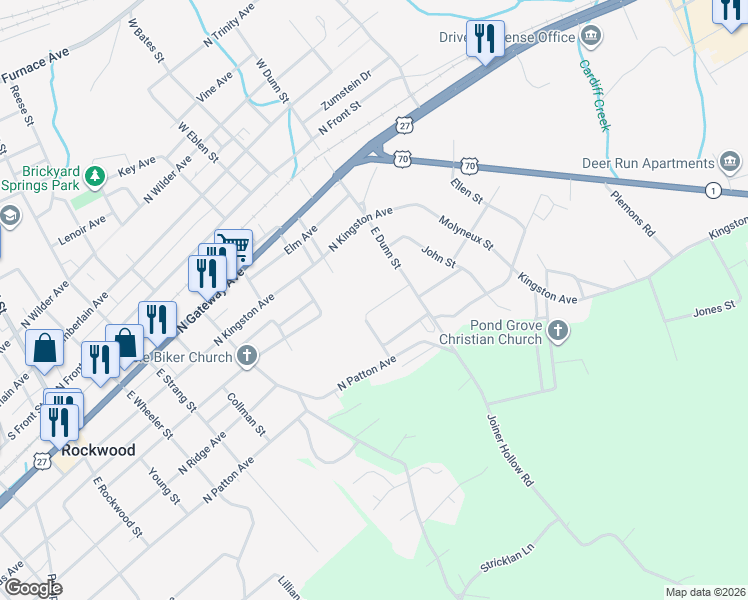 map of restaurants, bars, coffee shops, grocery stores, and more near 713 Cooper Avenue in Rockwood