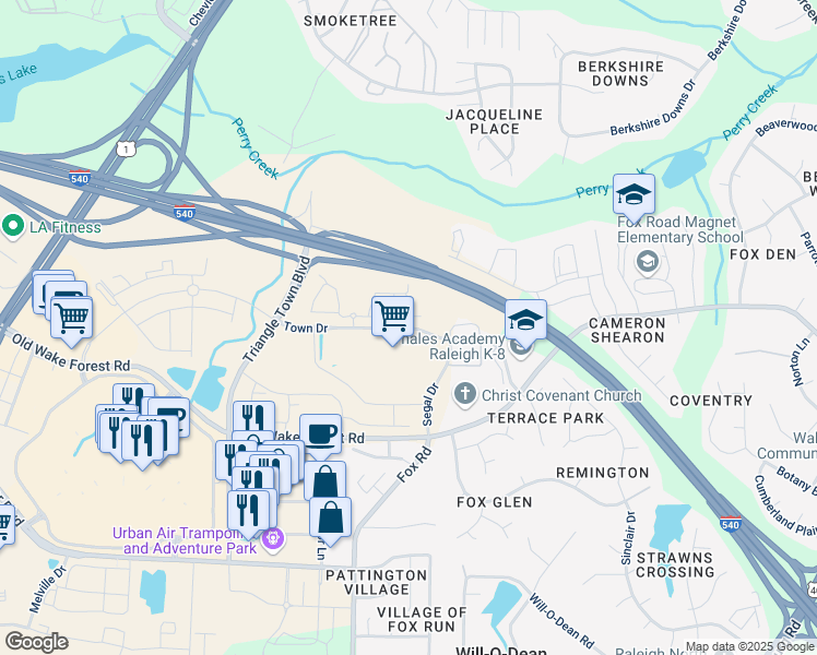 map of restaurants, bars, coffee shops, grocery stores, and more near Town Drive in Raleigh