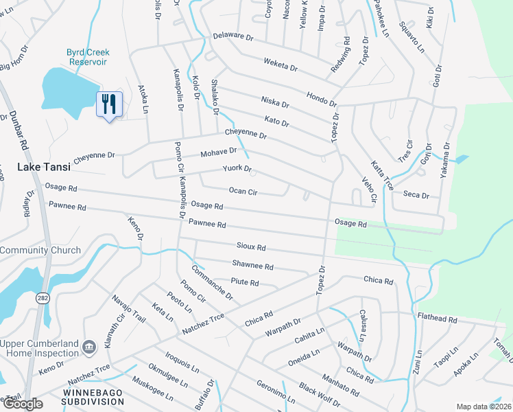 map of restaurants, bars, coffee shops, grocery stores, and more near 6235 Osage Road in Crossville