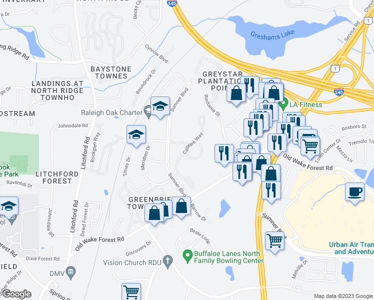 map of restaurants, bars, coffee shops, grocery stores, and more near 2800 Calliope Way in Raleigh