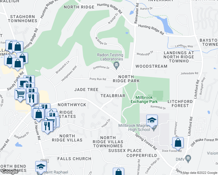 map of restaurants, bars, coffee shops, grocery stores, and more near 1617 Bellechasse Drive in Raleigh