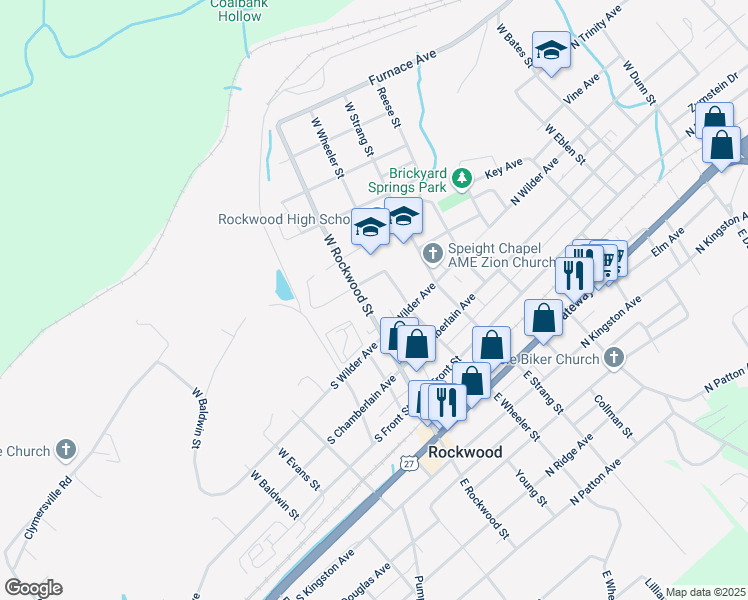 map of restaurants, bars, coffee shops, grocery stores, and more near 416 West Rockwood Street in Rockwood