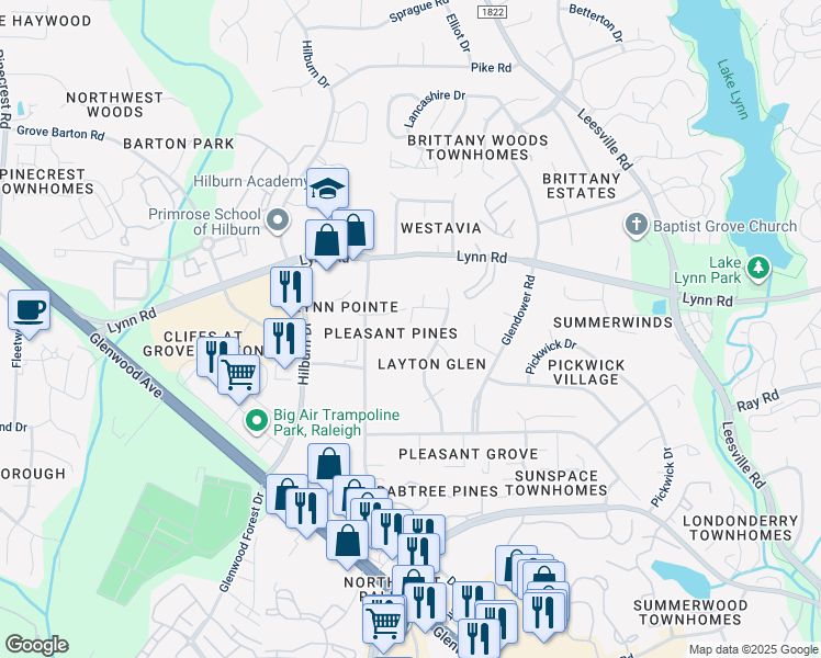 map of restaurants, bars, coffee shops, grocery stores, and more near 4601 Wellington Downs in Raleigh