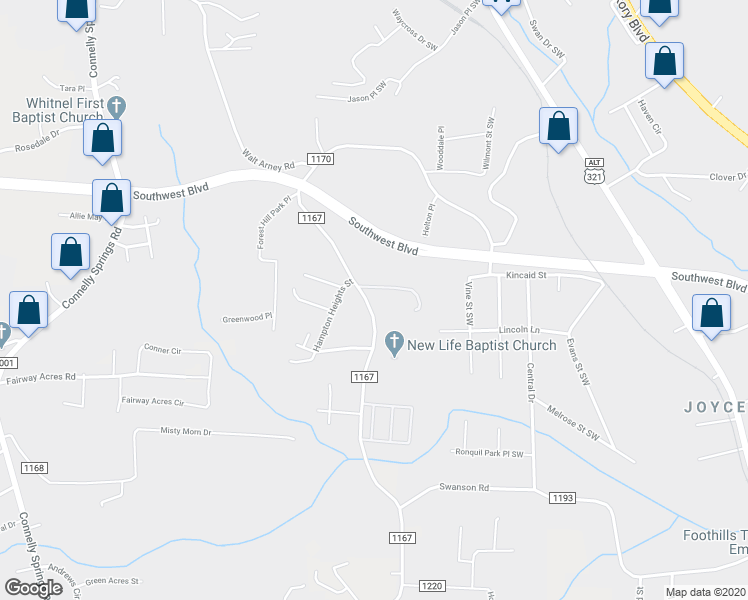 map of restaurants, bars, coffee shops, grocery stores, and more near 2015 Walt Arney Road in Lenoir