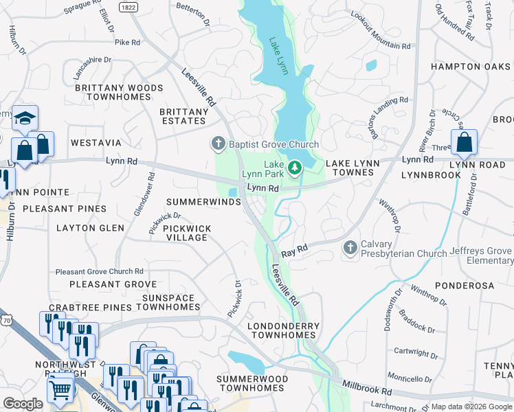 map of restaurants, bars, coffee shops, grocery stores, and more near 6925 Leesville Road in Raleigh