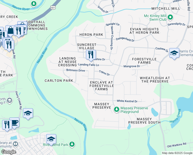 map of restaurants, bars, coffee shops, grocery stores, and more near 3805 Lodgepole Lane in Raleigh