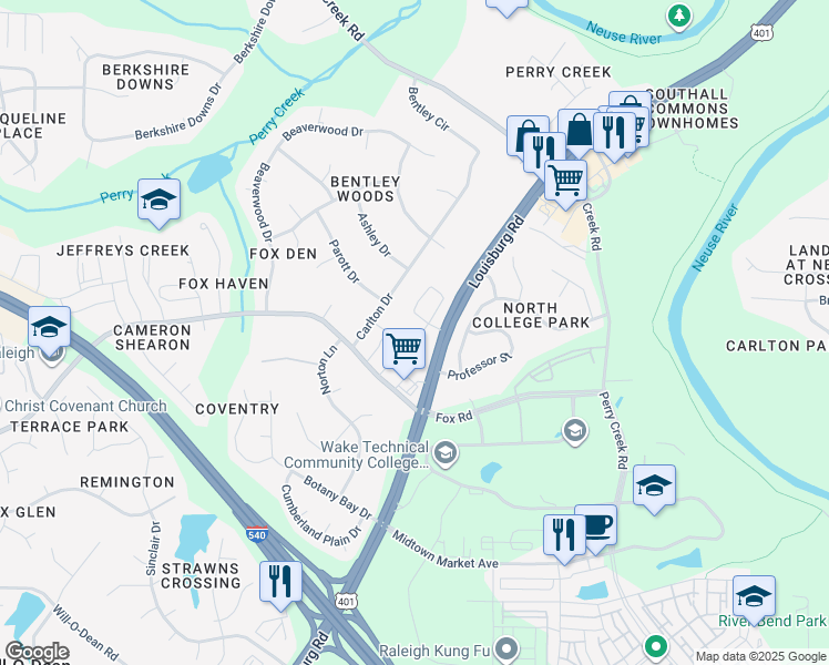 map of restaurants, bars, coffee shops, grocery stores, and more near 7001 Louisburg Road in Raleigh