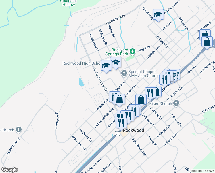 map of restaurants, bars, coffee shops, grocery stores, and more near 416 West Rockwood Street in Rockwood