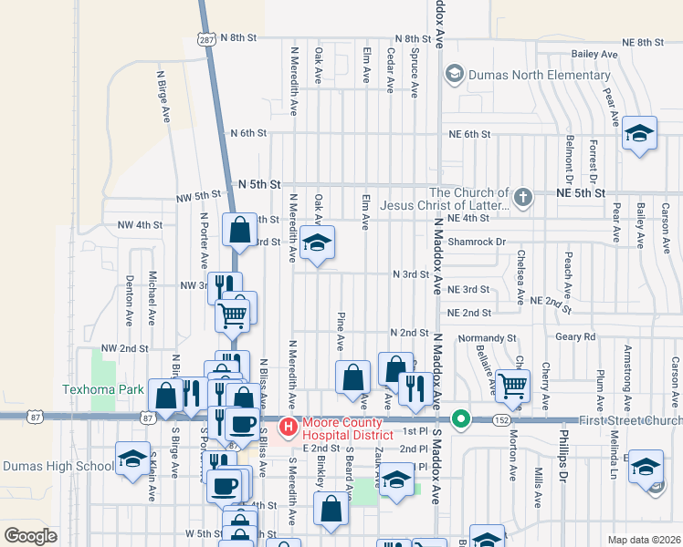 map of restaurants, bars, coffee shops, grocery stores, and more near N 3rd St in Dumas