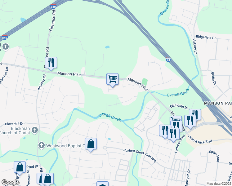 map of restaurants, bars, coffee shops, grocery stores, and more near 3875 Andrea Brook Court in Murfreesboro