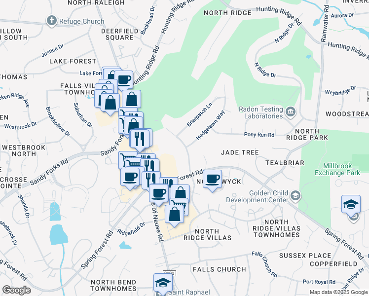 map of restaurants, bars, coffee shops, grocery stores, and more near 6399 New Market Way in Raleigh
