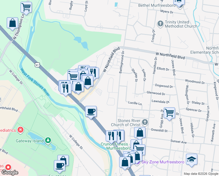 map of restaurants, bars, coffee shops, grocery stores, and more near 1710 North Cove in Murfreesboro