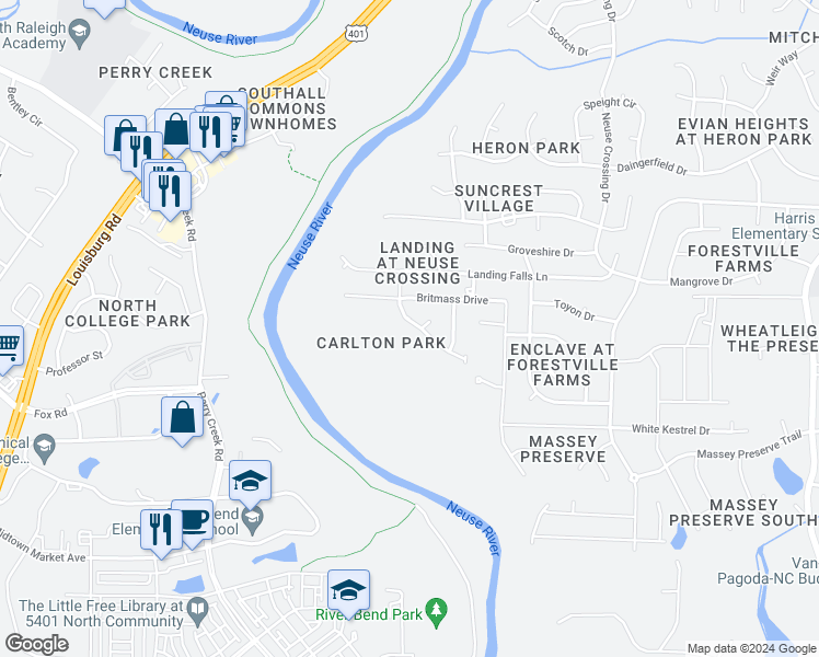 map of restaurants, bars, coffee shops, grocery stores, and more near 3711 Landshire View Lane in Raleigh