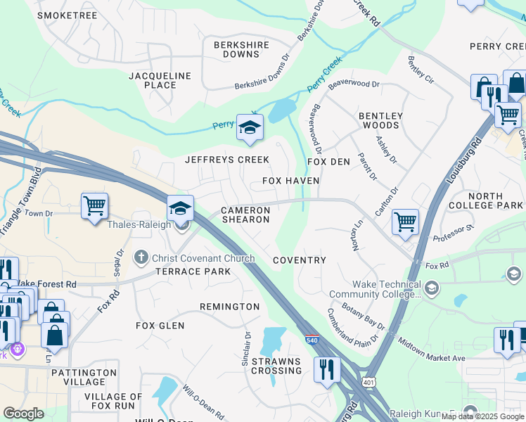 map of restaurants, bars, coffee shops, grocery stores, and more near 7016 Fox Road in Raleigh