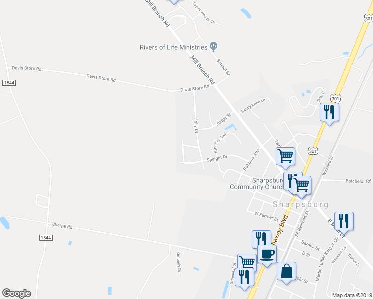 map of restaurants, bars, coffee shops, grocery stores, and more near 209 Oak Forest Drive Northwest in Rocky Mount