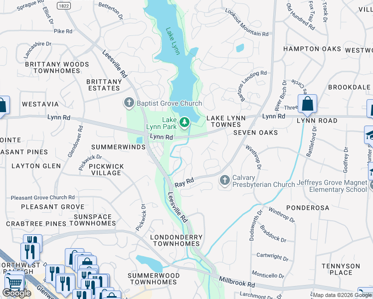 map of restaurants, bars, coffee shops, grocery stores, and more near 404 Broad Leaf Circle in Raleigh