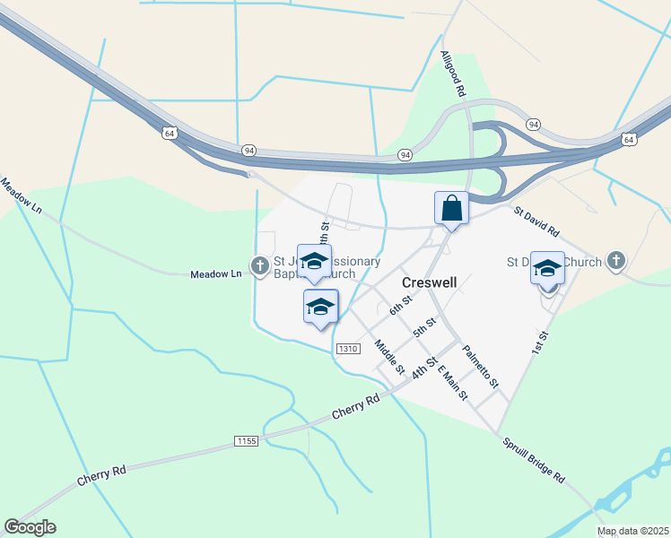 map of restaurants, bars, coffee shops, grocery stores, and more near 312 West Main Street in Creswell