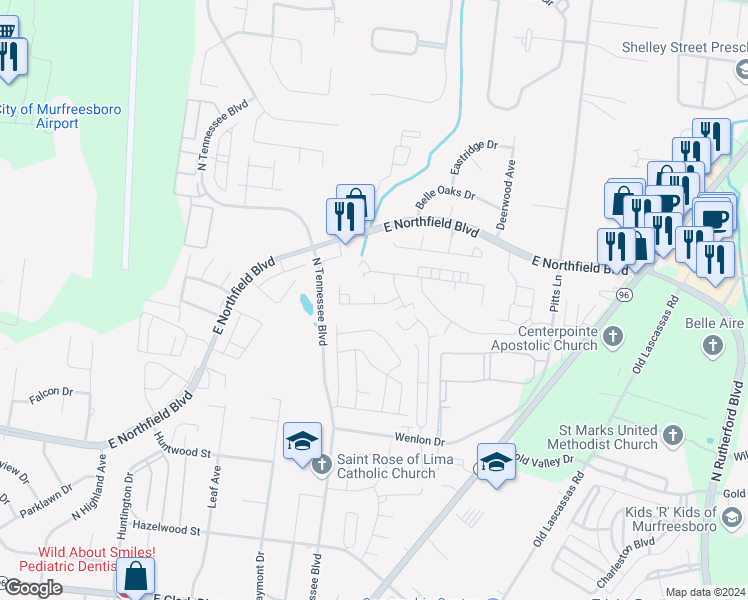 map of restaurants, bars, coffee shops, grocery stores, and more near 1942 Corsica Court in Murfreesboro