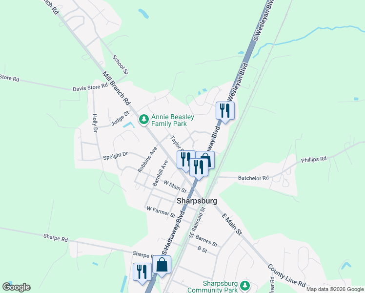 map of restaurants, bars, coffee shops, grocery stores, and more near 412 Taylor Drive in Rocky Mount