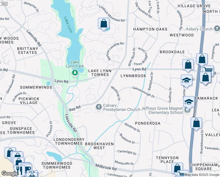 map of restaurants, bars, coffee shops, grocery stores, and more near 6421 Winthrop Drive in Raleigh