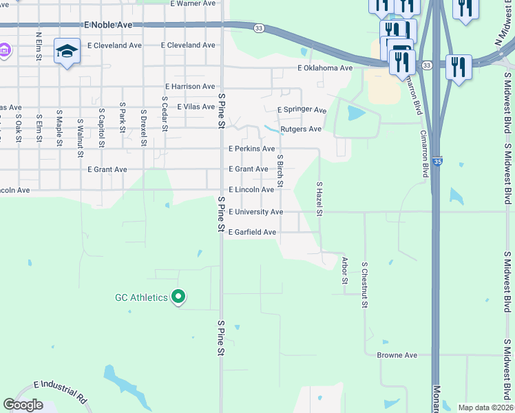 map of restaurants, bars, coffee shops, grocery stores, and more near 1614 East University Avenue in Guthrie
