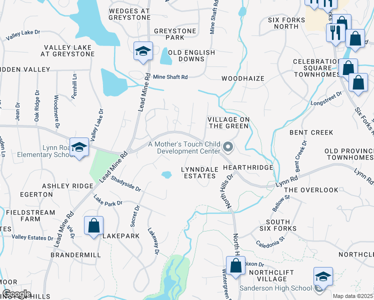map of restaurants, bars, coffee shops, grocery stores, and more near 6637 Lynndale Drive in Raleigh