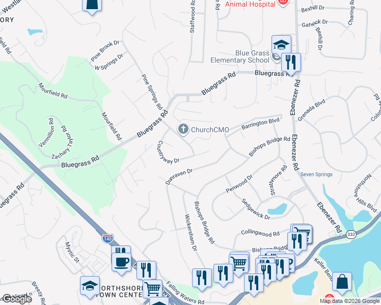 map of restaurants, bars, coffee shops, grocery stores, and more near 9260 Countryway Drive in Knoxville