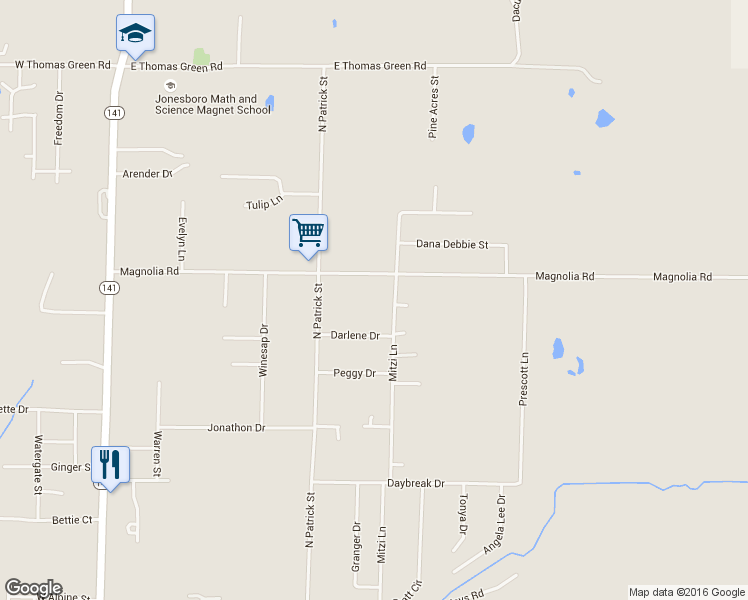 map of restaurants, bars, coffee shops, grocery stores, and more near 2111 Mitzi Lane in Jonesboro