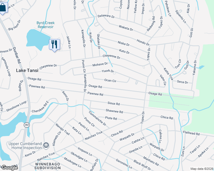 map of restaurants, bars, coffee shops, grocery stores, and more near 6223 Osage Road in Crossville