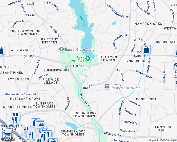 map of restaurants, bars, coffee shops, grocery stores, and more near 404 Broad Leaf Circle in Raleigh