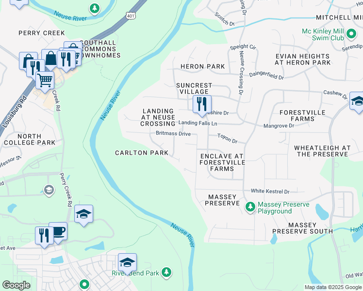 map of restaurants, bars, coffee shops, grocery stores, and more near 3200 Emerald Ridge Court in Raleigh