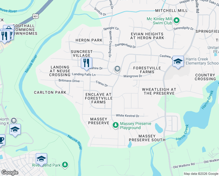 map of restaurants, bars, coffee shops, grocery stores, and more near 3752 Cashew Drive in Raleigh